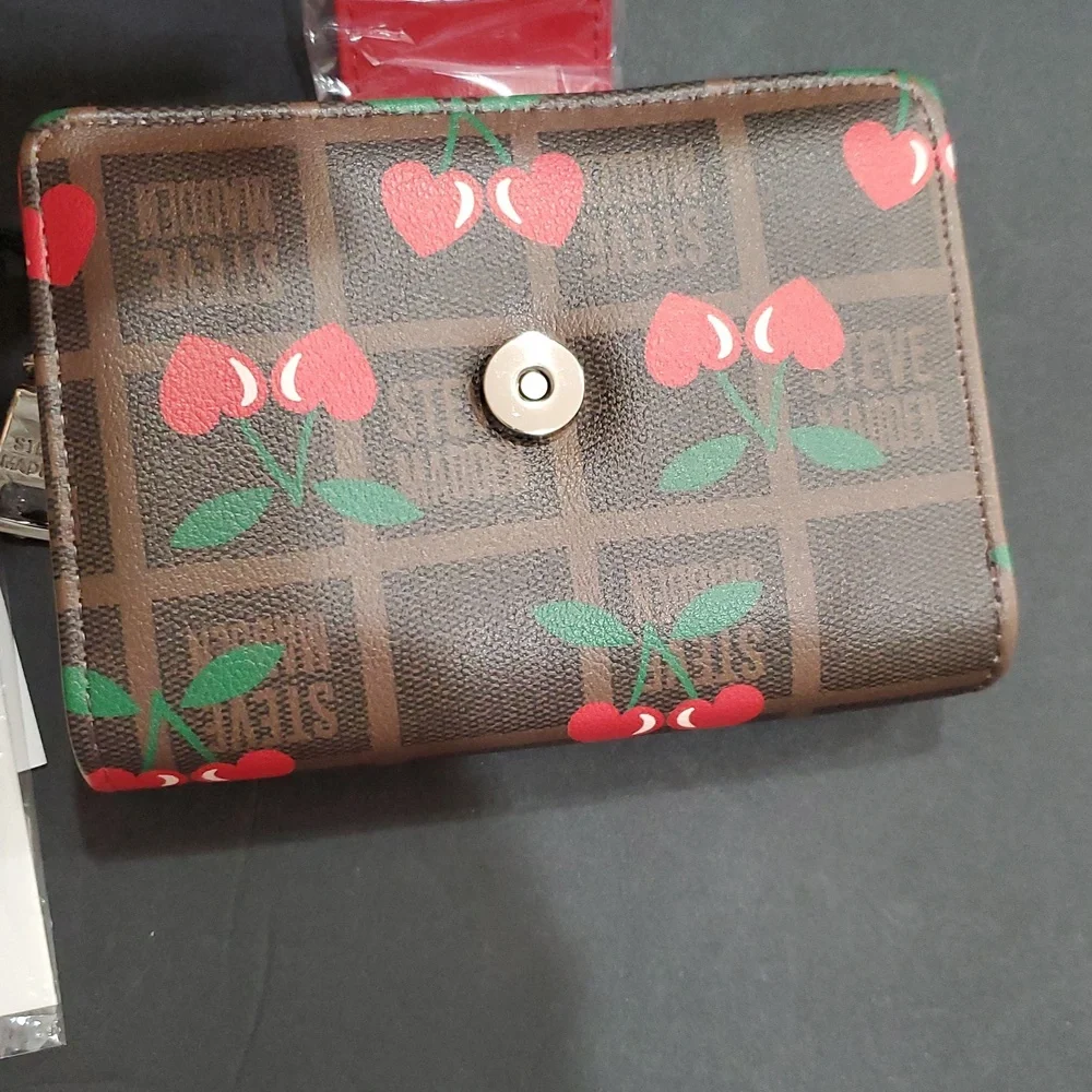 Steve Madden brown plaid checkered look and cherry print bglory red snap wallet - Picture 2 of 12